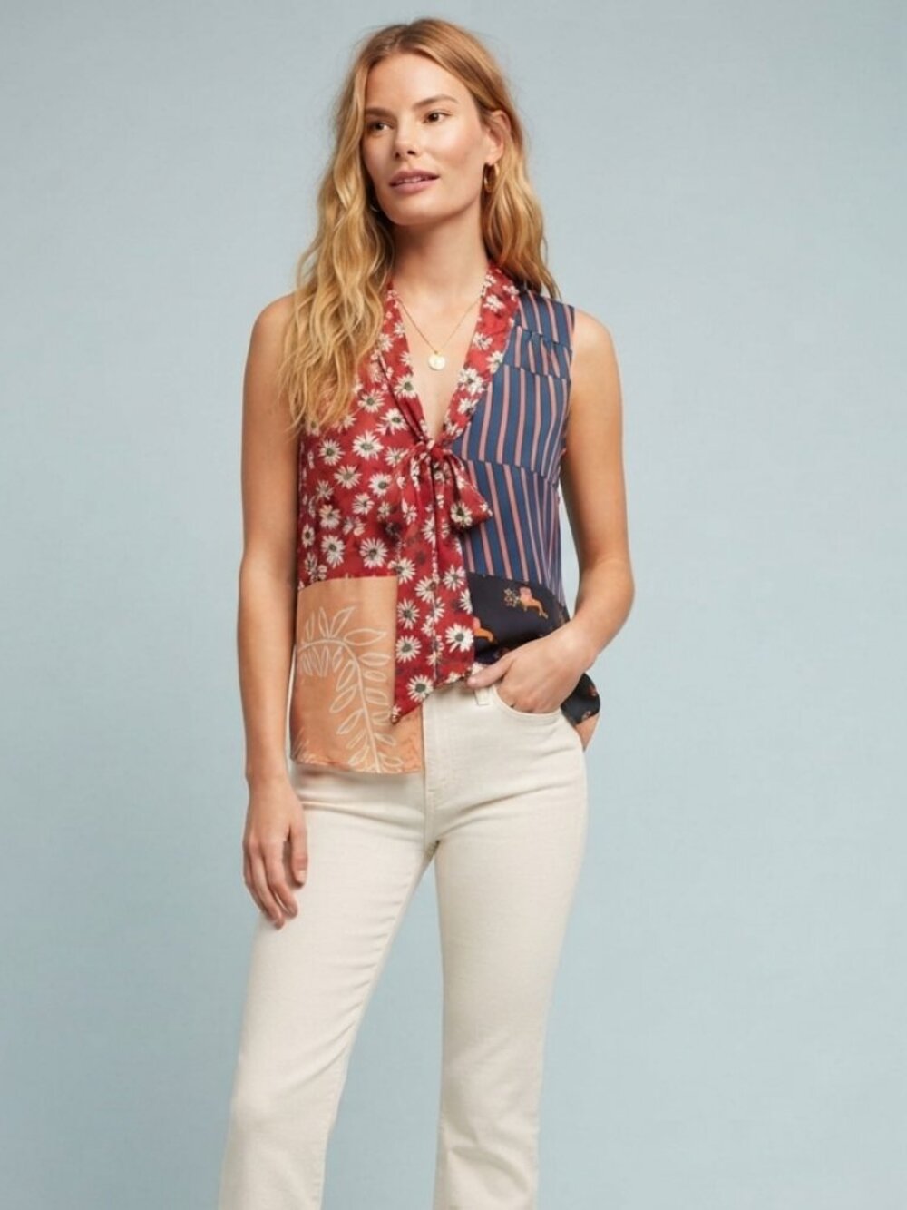 Anthropologie Moulinette Soeurs Venezia Patchwork Tie Neck Blouse L